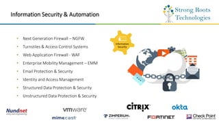 Information Security & Automation
• Next Generation Firewall – NGFW
• Turnstiles & Access Control Systems
• Web Application Firewall - WAF
• Enterprise Mobility Management – EMM
• Email Protection & Security
• Identity and Access Management
• Structured Data Protection & Security
• Unstructured Data Protection & Security
Information
Security
 