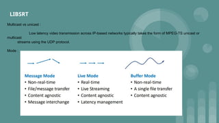 Multicast vs unicast :
Low latency video transmission across IP-based networks typically takes the form of MPEG-TS unicast or
multicast
streams using the UDP protocol.
Mode :
LIBSRT
 