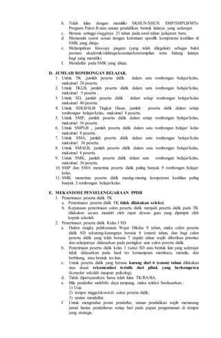 b. Telah lulus dengan memiliki SKHUN/SHUN SMP/SMPLB/MTs/
Program Paket B atau satuan pendidikan bentuk lainnya yang sederajat.
c. Berusia setinggi-tingginya 21 tahun pada awal tahun pelajaran baru.
d. Memenuhi syarat sesuai dengan ketentuan spesifik kompetensi keahlian di
SMK yang dituju.
e. Melampirkan fotocopy piagam (yang telah dilegalisir) sebagai bukti
prestasi akademik/olahraga/kesenian/keterampilan serta bidang lainnya
bagi yang memiliki
f. Mendaftar pada SMK yang dituju.
D. JUMLAH ROMBONGAN BELAJAR.
1. Untuk TK ,jumlah peserta didik dalam satu rombongan belajar/kelas,
maksimal 20 peserta.
2. Untuk TKLB, jumlah peserta didik dalam satu rombongan belajar/kelas,
maksimal 5 peserta .
3. Untuk SD, jumlah peserta didik dalam setiap rombongan belajar/kelas
maksimal 40 peserta.
4. Untuk SDLB/SLB Tingkat Dasar, jumlah peserta didik dalam setiap
rombongan belajar/kelas, maksimal 8 peserta.
5. Untuk SMP, jumlah peserta didik dalam setiap rombongan belajar/kelas,
maksimal 36 peserta.
6. Untuk SMPLB , jumlah peserta didik dalam satu rombongan belajar/ kelas
maksimal 8 peserta.
7. Untuk SMA, jumlah peserta didik dalam satu rombongan belajar/kelas
maksimal 36 peserta.
8. Untuk SMALB, jumlah peserta didik dalam satu rombongan belajar/kelas,
maksimal 8 peserta.
9. Untuk SMK, jumlah peserta didik dalam satu rombongan belajar/kelas,
maksimal 36 peserta.
10. SMP dan SMA menerima peserta didik paling banyak 9 rombongan belajar/
kelas.
11. SMK menerima peserta didik masing-masing kompetensi keahlian paling
banyak 3 rombongan belajar/kelas.
E. MEKANISME PENYELENGGARAAN PPDB
1. Penerimaan peserta didik TK
a. Penerimaan peserta didik TK tidak dilakukan seleksi.
b. Keputusan penerimaan calon peserta didik menjadi peserta didik pada TK
dilakukan secara mandiri oleh rapat dewan guru yang dipimpin oleh
kepala sekolah.
2. Penerimaan peserta didik Kelas I SD
a. Dalam rangka pelaksanaan Wajar Dikdas 9 tahun, maka calon peserta
didik SD sekurang-kurangnya berusia 6 (enam) tahun, dan bagi calon
peserta didik yang telah berusia 7 (tujuh) tahun wajib diberikan prioritas
dan selanjutnya didasarkan pada peringkat usia calon peserta didik.
b. Penerimaan peserta didik kelas 1 (satu) SD atau bentuk lain yang sederajat
tidak didasarkan pada hasil tes kemampuan membaca, menulis, dan
berhitung, atau bentuk tes lain.
c. Untuk peserta didik yang berusia kurang dari 6 (enam) tahun dilakukan
atas dasar rekomendasi tertulis dari pihak yang berkompeten
(konselor sekolah maupun psikolog).
d. Tidak dipersyaratkan harus telah lulus TK/RA/BA.
e. Bila pendaftar melebihi daya tampung, maka seleksi berdasarkan :
1) Usia
2) tempat tinggal/domisili calon peserta didik;
3) urutan mendaftar.
f. Untuk mengetahui posisi pendaftar, satuan pendidikan wajib memasang
jurnal harian pendaftaran setiap hari pada papan pengumuman di tempat
yang strategis.
 