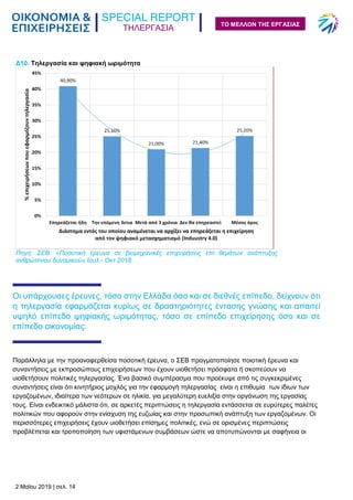 ΤΗΛΕΡΓΑΣΙΑ
2 Μαΐου 2019 | σελ. 14
ΤΟ ΜΕΛΛΟΝ ΤΗΣ ΕΡΓΑΣΙΑΣ
Οι υπάρχουσες έρευνες, τόσο στην Ελλάδα όσο και σε διεθνές επίπεδο, δείχνουν ότι
η τηλεργασία εφαρμόζεται κυρίως σε δραστηριότητες έντασης γνώσης και απαιτεί
υψηλό επίπεδο ψηφιακής ωριμότητας, τόσο σε επίπεδο επιχείρησης όσο και σε
επίπεδο οικονομίας.
Παράλληλα με την προαναφερθείσα ποσοτική έρευνα, ο ΣΕΒ πραγματοποίησε ποιοτική έρευνα και
συναντήσεις με εκπροσώπους επιχειρήσεων που έχουν υιοθετήσει πρόσφατα ή σκοπεύουν να
υιοθετήσουν πολιτικές τηλεργασίας. Ένα βασικό συμπέρασμα που προέκυψε από τις συγκεκριμένες
συναντήσεις είναι ότι κινητήριος μοχλός για την εφαρμογή τηλεργασίας είναι η επιθυμία των ίδιων των
εργαζομένων, ιδιαίτερα των νεότερων σε ηλικία, για μεγαλύτερη ευελιξία στην οργάνωση της εργασίας
τους. Είναι ενδεικτικό μάλιστα ότι, σε αρκετές περιπτώσεις η τηλεργασία εντάσσεται σε ευρύτερες παλέτες
πολιτικών που αφορούν στην ενίσχυση της ευζωίας και στην προσωπική ανάπτυξη των εργαζομένων. Οι
περισσότερες επιχειρήσεις έχουν υιοθετήσει επίσημες πολιτικές, ενώ σε ορισμένες περιπτώσεις
προβλέπεται και τροποποίηση των υφιστάμενων συμβάσεων ώστε να αποτυπώνονται με σαφήνεια οι
Δ10. Τηλεργασία και ψηφιακή ωριμότητα
Πηγή: ΣΕΒ: «Ποσοτική έρευνα σε βιομηχανικές επιχειρήσεις επί θεμάτων ανάπτυξης
ανθρώπινου δυναμικού» Ιουλ - Οκτ 2018
 