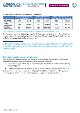 ΤΗΛΕΡΓΑΣΙΑ
2 Μαΐου 2019 | σελ. 19
ΤΟ ΜΕΛΛΟΝ ΤΗΣ ΕΡΓΑΣΙΑΣ
Δ13. Δυνατότητες ανάπτυξης της τηλεργασίας στην Ελλάδα
Εκτιμώμενη υφιστάμενη
κατάσταση*
Σενάριο1: διείσδυση
ίση με μέσο όρο ΕΕ
Σενάριο 2: διείσδυση ίση με
μέσο όρο του top 10 της ΕΕ
Κατ’ οίκον
τηλεργασία
1,7% 43.318 3,3% 84.087 5,6% 142.693
Κινητή
τηλεργασία
3,3% 84.087 5% 127.405 7,5% 191.107
Συνολική
τηλεργασία
5% 127.405 8,3% 211.492 13,1% 333.790
Πηγή: Υπολογισμοί ΣΕΒ με βάσει στοιχείων μισθωτής απασχόλησης ΕΛΣΤΑΤ και EWCS 2015
Σύγκλιση με τον ευρωπαϊκό μέσο όρο σημαίνει διπλασιασμό του αριθμού των τηλεργαζομένων,
ενώ εάν προσεγγίσουμε το μέσο όρο των 10 κρατών-μελών με την υψηλότερη διείσδυση τότε ό
αριθμός των τηλεργαζομένων θα τριπλασιαστεί.
Ο διπλασιασμός του αριθμού των τηλεργαζομένων μέσα στην επόμενη 3ετία, ώστε
η Ελλάδα να συγκλίνει με το Ευρωπαϊκό μέσο όρο θα μπορούσε να τεθεί ως ένας
εθνικός στόχος.
Οδηγός εφαρμογής για τις επιχειρήσεις
Προς διευκόλυνση των επιχειρήσεων που επιθυμούν να υιοθετήσουν την πρακτική της τηλεργασίας
δημιουργήσαμε ένα σύντομο οδηγό εφαρμογής με τα ακόλουθα 2 στοιχεία:
 Ένα Πίνακα Ελέγχου (check-list) με τα βασικά βήματα που πρέπει να ληφθούν υπόψη από τις
επιχειρήσεις (Δ14)
 Ενδεικτικό κατάλογο με τους βασικούς δείκτες μέτρησης απόδοσης τηλεργασίας (KPIs) (Δ15)
Επισημαίνεται ότι ο συγκεκριμένος πίνακας ελέγχου (checklist) δεν υποκαθιστά τον ενδελεχή έλεγχο
νομιμότητας που καλείται να κάνει η κάθε επιχείρηση με τους νομικούς της συμβούλους.
 