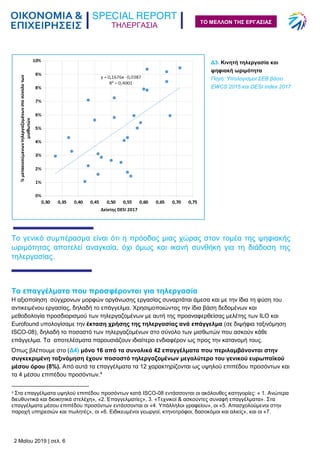 ΤΗΛΕΡΓΑΣΙΑ
2 Μαΐου 2019 | σελ. 6
ΤΟ ΜΕΛΛΟΝ ΤΗΣ ΕΡΓΑΣΙΑΣ
Το γενικό συμπέρασμα είναι ότι η πρόοδος μιας χώρας στον τομέα της ψηφιακής
ωριμότητας αποτελεί αναγκαία, όχι όμως και ικανή συνθήκη για τη διάδοση της
τηλεργασίας.
Τα επαγγέλματα που προσφέρονται για τηλεργασία
Η αξιοποίηση σύγχρονων μορφών οργάνωσης εργασίας συναρτάται άμεσα και με την ίδια τη φύση του
αντικειμένου εργασίας, δηλαδή το επάγγελμα. Χρησιμοποιώντας την ίδια βάση δεδομένων και
μεθοδολογία προσδιορισμού των τηλεργαζομένων με αυτή της προαναφερθείσας μελέτης των ILO και
Eurofound υπολογίσαμε την έκταση χρήσης της τηλεργασίας ανά επάγγελμα (σε διψήφια ταξινόμηση
ISCO-08), δηλαδή το ποσοστό των τηλεργαζομένων στο σύνολο των μισθωτών που ασκούν κάθε
επάγγελμα. Τα αποτελέσματα παρουσιάζουν ιδιαίτερο ενδιαφέρον ως προς την κατανομή τους.
Όπως βλέπουμε στο (Δ4) μόνο 16 από τα συνολικά 42 επαγγέλματα που περιλαμβάνονται στην
συγκεκριμένη ταξινόμηση έχουν ποσοστό τηλεργαζομένων μεγαλύτερο του γενικού ευρωπαϊκού
μέσου όρου (8%). Από αυτά τα επαγγέλματα τα 12 χαρακτηρίζονται ως υψηλού επιπέδου προσόντων και
τα 4 μέσου επιπέδου προσόντων.4
4 Στα επαγγέλματα υψηλού επιπέδου προσόντων κατά ISCO-08 εντάσσονται οι ακόλουθες κατηγορίες: « 1. Ανώτερα
διευθυντικά και διοικητικά στελέχη», «2. Επαγγελματίες», 3. «Τεχνικοί & ασκούντες συναφή επαγγέλματα». Στα
επαγγέλματα μέσου επιπέδου προσόντων εντάσσονται οι «4. Υπάλληλοι γραφείου», οι «5. Απασχολούμενοι στην
παροχή υπηρεσιών και πωλητές», οι «6. Ειδικευμένοι γεωργοί, κτηνοτρόφοι, δασοκόμοι και αλιείς», και οι «7.
Δ3. Κινητή τηλεργασία και
ψηφιακή ωριμότητα
Πηγή: Υπολογισμοί ΣΕΒ βάσει
EWCS 2015 και DESI index 2017
 