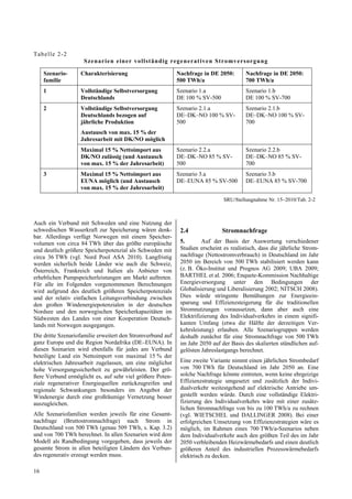 T ab e lle 2-2
                    S ze na r ie n ein e r vo lls tän d ig reg en er at ive n S tromv e rso rgung

     Szenario-     Charakterisierung                        Nachfrage in DE 2050:       Nachfrage in DE 2050:
     familie                                                500 TWh/a                   700 TWh/a
     1             Vollständige Selbstversorgung            Szenario 1.a                Szenario 1.b
                   Deutschlands                             DE 100 % SV-500             DE 100 % SV-700
     2             Vollständige Selbstversorgung            Szenario 2.1.a              Szenario 2.1.b
                   Deutschlands bezogen auf                 DE–DK–NO 100 % SV-          DE–DK–NO 100 % SV-
                   jährliche Produktion                     500                         700
                   Austausch von max. 15 % der
                   Jahresarbeit mit DK/NO möglich
                   Maximal 15 % Nettoimport aus             Szenario 2.2.a              Szenario 2.2.b
                   DK/NO zulässig (und Austausch            DE–DK–NO 85 % SV-           DE–DK–NO 85 % SV-
                   von max. 15 % der Jahresarbeit)          500                         700
     3             Maximal 15 % Nettoimport aus             Szenario 3.a                Szenario 3.b
                   EUNA möglich (und Austausch              DE–EUNA 85 % SV-500         DE–EUNA 85 % SV-700
                   von max. 15 % der Jahresarbeit)
                                                                               SRU/Stellungnahme Nr. 15–2010/Tab. 2-2



Auch ein Verbund mit Schweden und eine Nutzung der
schwedischen Wasserkraft zur Speicherung wären denk-         2.4              Stromnachfrage
bar. Allerdings verfügt Norwegen mit einem Speicher-
volumen von circa 84 TWh über das größte europäische         5.       Auf der Basis der Auswertung verschiedener
und deutlich größere Speicherpotenzial als Schweden mit      Studien erscheint es realistisch, dass die jährliche Strom-
circa 36 TWh (vgl. Nord Pool ASA 2010). Langfristig          nachfrage (Nettostromverbrauch) in Deutschland im Jahr
werden sicherlich beide Länder wie auch die Schweiz,         2050 im Bereich von 500 TWh stabilisiert werden kann
Österreich, Frankreich und Italien als Anbieter von          (z. B. Öko-Institut und Prognos AG 2009; UBA 2009;
erheblichen Pumpspeicherleistungen am Markt auftreten.       BARTHEL et al. 2006; Enquete-Kommission Nachhaltige
Für alle im Folgenden vorgenommenen Berechnungen             Energieversorgung unter den Bedingungen der
wird aufgrund des deutlich größeren Speicherpotenzials       Globalisierung und Liberalisierung 2002; NITSCH 2008).
und der relativ einfachen Leitungsverbindung zwischen        Dies würde stringente Bemühungen zur Energieein-
den großen Windenergiepotenzialen in der deutschen           sparung und Effizienzsteigerung für die traditionellen
Nordsee und den norwegischen Speicherkapazitäten im          Stromnutzungen voraussetzen, dann aber auch eine
Südwesten des Landes von einer Kooperation Deutsch-          Elektrifizierung des Individualverkehrs in einem signifi-
lands mit Norwegen ausgegangen.                              kanten Umfang (etwa die Hälfte der derzeitigen Ver-
                                                             kehrsleistung) erlauben. Alle Szenariogruppen werden
Die dritte Szenariofamilie erweitert den Stromverbund auf    deshalb zunächst für eine Stromnachfrage von 500 TWh
ganz Europa und die Region Nordafrika (DE–EUNA). In          im Jahr 2050 auf der Basis des skalierten stündlichen auf-
diesen Szenarien wird ebenfalls für jedes am Verbund         gelösten Jahreslastgangs berechnet.
beteiligte Land ein Nettoimport von maximal 15 % der
elektrischen Jahresarbeit zugelassen, um eine möglichst      Eine zweite Variante nimmt einen jährlichen Strombedarf
hohe Versorgungssicherheit zu gewährleisten. Der grö-        von 700 TWh für Deutschland im Jahr 2050 an. Eine
ßere Verbund ermöglicht es, auf sehr viel größere Poten-     solche Nachfrage könnte eintreten, wenn keine ehrgeizige
ziale regenerativer Energiequellen zurückzugreifen und       Effizienzstrategie umgesetzt und zusätzlich der Indivi-
regionale Schwankungen besonders im Angebot der              dualverkehr weitestgehend auf elektrische Antriebe um-
Windenergie durch eine großräumige Vernetzung besser         gestellt werden würde. Durch eine vollständige Elektri-
auszugleichen.                                               fizierung des Individualverkehrs wäre mit einer zusätz-
                                                             lichen Stromnachfrage von bis zu 100 TWh/a zu rechnen
Alle Szenariofamilien werden jeweils für eine Gesamt-        (vgl. WIETSCHEL und DALLINGER 2008). Bei einer
nachfrage (Bruttostromnachfrage) nach Strom in               erfolgreichen Umsetzung von Effizienzstrategien wäre es
Deutschland von 500 TWh (genau 509 TWh, s. Kap. 3.2)         möglich, im Rahmen eines 700 TWh/a-Szenarios neben
und von 700 TWh berechnet. In allen Szenarien wird dem       dem Individualverkehr auch den größten Teil des im Jahr
Modell als Randbedingung vorgegeben, dass jeweils der        2050 verbleibenden Heizwärmebedarfs und einen deutlich
gesamte Strom in allen beteiligten Ländern des Verbun-       größeren Anteil des industriellen Prozesswärmebedarfs
des regenerativ erzeugt werden muss.                         elektrisch zu decken.

16
 