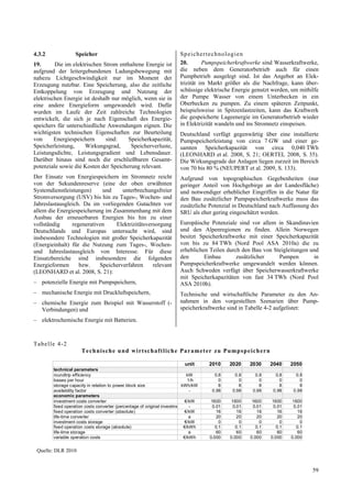 4.3.2             Speicher                                            Sp e icher te chno log ien
19.      Die im elektrischen Strom enthaltene Energie ist             20.       Pumpspeicherkraftwerke sind Wasserkraftwerke,
aufgrund der leitergebundenen Ladungsbewegung mit                     die neben dem Generatorbetrieb auch für einen
nahezu Lichtgeschwindigkeit nur im Moment der                         Pumpbetrieb ausgelegt sind. Ist das Angebot an Elek-
Erzeugung nutzbar. Eine Speicherung, also die zeitliche               trizität im Markt größer als die Nachfrage, kann über-
Entkoppelung von Erzeugung und Nutzung der                            schüssige elektrische Energie genutzt werden, um mithilfe
elektrischen Energie ist deshalb nur möglich, wenn sie in             der Pumpe Wasser von einem Unterbecken in ein
eine andere Energieform umgewandelt wird. Dafür                       Oberbecken zu pumpen. Zu einem späteren Zeitpunkt,
wurden im Laufe der Zeit zahlreiche Technologien                      beispielsweise in Spitzenlastzeiten, kann das Kraftwerk
entwickelt, die sich je nach Eigenschaft des Energie-                 die gespeicherte Lageenergie im Generatorbetrieb wieder
speichers für unterschiedliche Anwendungen eignen. Die                in Elektrizität wandeln und ins Stromnetz einspeisen.
wichtigsten technischen Eigenschaften zur Beurteilung                 Deutschland verfügt gegenwärtig über eine installierte
von      Energiespeichern     sind:    Speicherkapazität,             Pumpspeicherleistung von circa 7 GW und einer ge-
Speicherleistung,    Wirkungsgrad,      Speicherverluste,             samten Speicherkapazität von circa 0,040 TWh
Leistungsdichte, Leistungsgradient und Lebensdauer.                   (LEONHARD et al. 2008, S. 21; OERTEL 2008, S. 35).
Darüber hinaus sind noch die erschließbaren Gesamt-                   Die Wirkungsgrade der Anlagen liegen zurzeit im Bereich
potenziale sowie die Kosten der Speicherung relevant.                 von 70 bis 80 % (NEUPERT et al. 2009, S. 133).
Der Einsatz von Energiespeichern im Stromnetz reicht                  Aufgrund von topographischen Gegebenheiten (nur
von der Sekundenreserve (eine der oben erwähnten                      geringer Anteil von Hochgebirge an der Landesfläche)
Systemdienstleistungen)     und     unterbrechungsfreier              und notwendiger erheblicher Eingriffen in die Natur für
Stromversorgung (USV) bis hin zu Tages-, Wochen- und                  den Bau zusätzlicher Pumpspeicherkraftwerke muss das
Jahreslastausgleich. Da im vorliegenden Gutachten vor                 zusätzliche Potenzial in Deutschland nach Auffassung des
allem die Energiespeicherung im Zusammenhang mit dem                  SRU als eher gering eingeschätzt werden.
Ausbau der erneuerbaren Energien bis hin zu einer
vollständig     regenerativen    Elektrizitätsversorgung              Europäische Potenziale sind vor allem in Skandinavien
Deutschlands und Europas untersucht wird, sind                        und den Alpenregionen zu finden. Allein Norwegen
insbesondere Technologien mit großer Speicherkapazität                besitzt Speicherkraftwerke mit einer Speicherkapazität
(Energieinhalt) für die Nutzung zum Tages-, Wochen-                   von bis zu 84 TWh (Nord Pool ASA 2010a) die zu
und Jahreslastausgleich von Interesse. Für diese                      erheblichen Teilen durch den Bau von Steigleitungen und
Einsatzbereiche sind insbesondere die folgenden                       den       Einbau       zusätzlicher    Pumpen        in
Energieformen      bzw.    Speicherverfahren     relevant             Pumpspeicherkraftwerke umgewandelt werden können.
(LEONHARD et al. 2008, S. 21):                                        Auch Schweden verfügt über Speicherwasserkraftwerke
                                                                      mit Speicherkapazitäten von fast 34 TWh (Nord Pool
– potenzielle Energie mit Pumpspeichern,                              ASA 2010b).
– mechanische Energie mit Druckluftspeichern,                         Technische und wirtschaftliche Parameter zu den An-
– chemische Energie zum Beispiel mit Wasserstoff (-                   nahmen in den vorgestellten Szenarien über Pump-
  Verbindungen) und                                                   speicherkraftwerke sind in Tabelle 4-2 aufgelistet:

– elektrochemische Energie mit Batterien.



T ab e lle 4-2
                     T e ch n is ch e u n d w i rt sch a f t l ic h e Pa ram et er zu P u mp sp e ic h er n

                                                                        unit      2010     2020    2030       2040     2050
        technical parameters
        roundtrip efficiency                                                kW      0.8      0.8     0.8        0.8      0.8
        losses per hour                                                     1/h       0        0       0          0        0
        storage capacity in relation to power block size                 kWh/kW       8        8       8          8        8
        availability factor                                                  -     0.98     0.98    0.98       0.98     0.98
        economic parameters
        investment costs converter                                         €/kW   1600     1600     1600       1600    1600
        fixed operation costs converter (percentage of original investme     -     0.01     0.01     0.01      0.01     0.01
        fixed operation costs converter (absolute)                         €/kW      16       16       16         16       16
        life-time converter                                                  a       20       20       20         20       20
        investment costs storage                                           €/kW        0       0        0          0        0
        fixed operation costs storage (absolute)                          €/kWh      0.1     0.1      0.1        0.1      0.1
        life-time storage                                                    a       60       60       60         60       60
        variable operation costs                                          €/kWh   0.000    0.000   0.000      0.000    0.000


 Quelle: DLR 2010


                                                                                                                                59
 