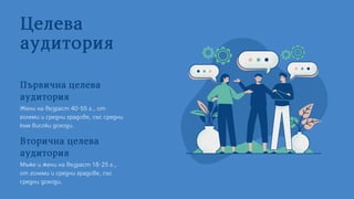 Целева
аудитория
Вторичнацелева
аудитория
Мъже и жени на възраст 18-25 г.,
от големи и средни градове, със
средни доходи.
Първичнацелева
аудитория
Жени на възраст 40-55 г., от
големи и средни градове, със средни
към високи доходи.
 