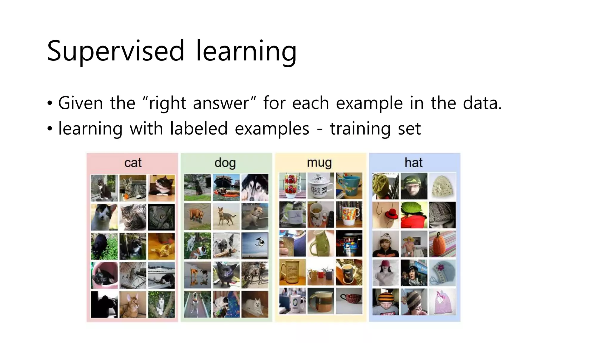 Supervised learning
• Given the “right answer” for each example in the data.
• learning with labeled examples - training set
 