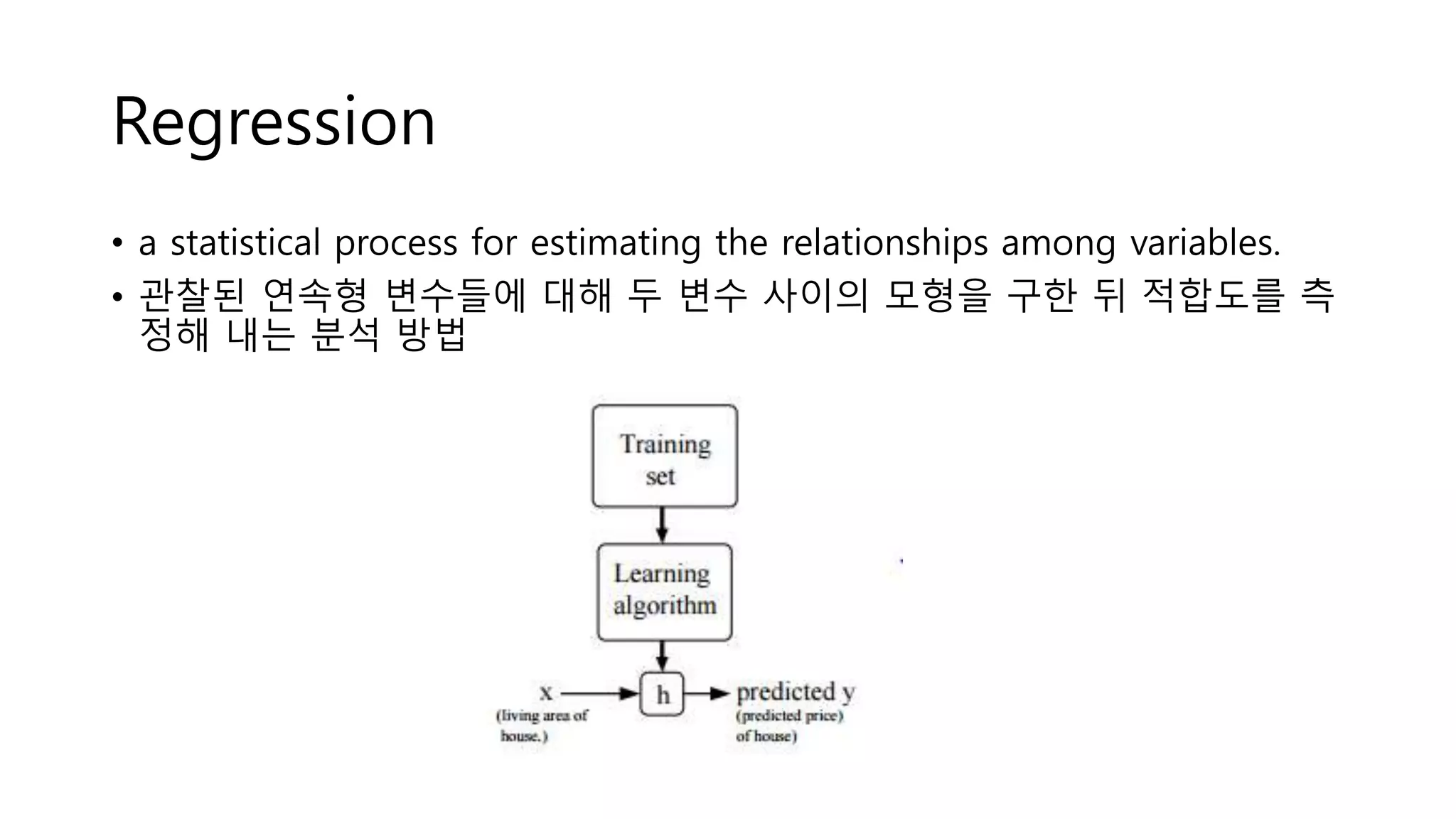 Regression
• a statistical process for estimating the relationships among variables.
• 관찰된 연속형 변수들에 대해 두 변수 사이의 모형을 구한 뒤 적합도를 측
정해 내는 분석 방법
 