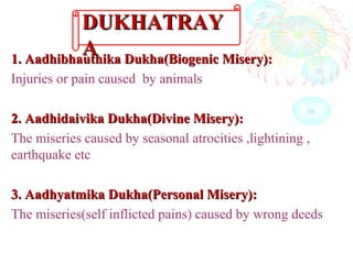 1. Aadhibhauthika Dukha(Biogenic Misery):1. Aadhibhauthika Dukha(Biogenic Misery):
Injuries or pain caused by animals
2. Aadhidaivika Dukha(Divine Misery):2. Aadhidaivika Dukha(Divine Misery):
The miseries caused by seasonal atrocities ,lightining ,
earthquake etc
3. Aadhyatmika Dukha(Personal Misery):3. Aadhyatmika Dukha(Personal Misery):
The miseries(self inflicted pains) caused by wrong deeds
DUKHATRAYDUKHATRAY
AA
 