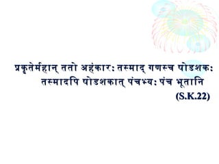 पकॄ तेमरहान् ततो अहंकारपकॄ तेमरहान् ततो अहंकार:: तसमाद् गणसच षोडशकतसमाद् गणसच षोडशक::
तसमादिप षोडशकात् पंचभयतसमादिप षोडशकात् पंचभय:: पंच भूतािनपंच भूतािन
(S.K.22)(S.K.22)
 