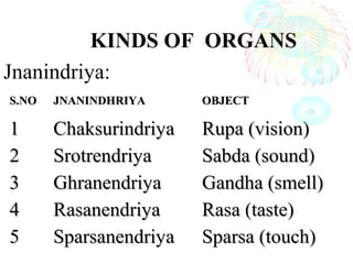 KINDS OF ORGANS
Jnanindriya:
S.NOS.NO JNANINDHRIYAJNANINDHRIYA OBJECTOBJECT
11 ChaksurindriyaChaksurindriya Rupa (vision)Rupa (vision)
22 SrotrendriyaSrotrendriya Sabda (sound)Sabda (sound)
33 GhranendriyaGhranendriya Gandha (smell)Gandha (smell)
44 RasanendriyaRasanendriya Rasa (taste)Rasa (taste)
55 SparsanendriyaSparsanendriya Sparsa (touch)Sparsa (touch)
 