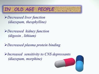 Decreased liver function
(diazepam, theophylline)
Decreased kidney function
(digoxin , lithium)
Decreased plasma protein binding
Increased sensitivity to CNS depressants
(diazepam, morphine)
IN OLD AGE PEOPLE . . . .
 