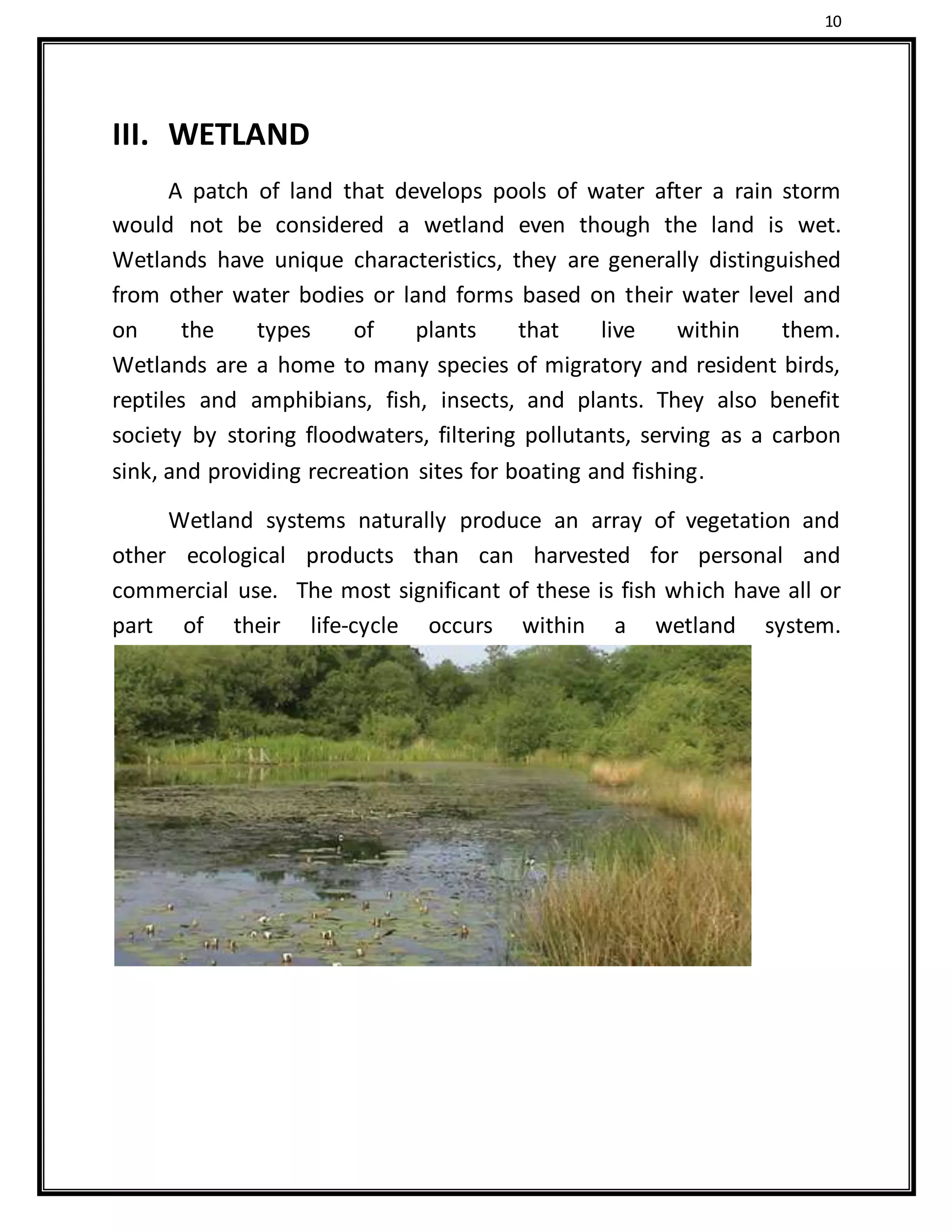 10
III. WETLAND
A patch of land that develops pools of water after a rain storm
would not be considered a wetland even though the land is wet.
Wetlands have unique characteristics, they are generally distinguished
from other water bodies or land forms based on their water level and
on the types of plants that live within them.
Wetlands are a home to many species of migratory and resident birds,
reptiles and amphibians, fish, insects, and plants. They also benefit
society by storing floodwaters, filtering pollutants, serving as a carbon
sink, and providing recreation sites for boating and fishing.
Wetland systems naturally produce an array of vegetation and
other ecological products than can harvested for personal and
commercial use. The most significant of these is fish which have all or
part of their life-cycle occurs within a wetland system.
 