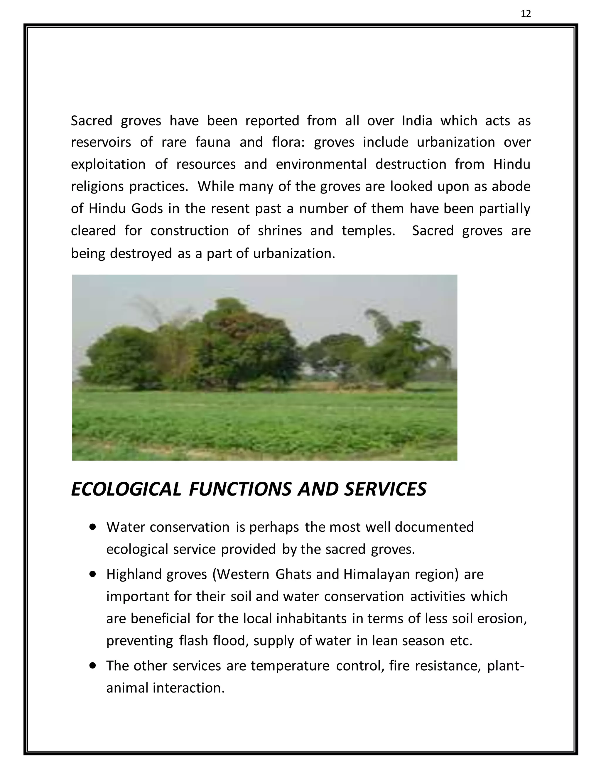 12
Sacred groves have been reported from all over India which acts as
reservoirs of rare fauna and flora: groves include urbanization over
exploitation of resources and environmental destruction from Hindu
religions practices. While many of the groves are looked upon as abode
of Hindu Gods in the resent past a number of them have been partially
cleared for construction of shrines and temples. Sacred groves are
being destroyed as a part of urbanization.
ECOLOGICAL FUNCTIONS AND SERVICES
 Water conservation is perhaps the most well documented
ecological service provided by the sacred groves.
 Highland groves (Western Ghats and Himalayan region) are
important for their soil and water conservation activities which
are beneficial for the local inhabitants in terms of less soil erosion,
preventing flash flood, supply of water in lean season etc.
 The other services are temperature control, fire resistance, plant-
animal interaction.
 