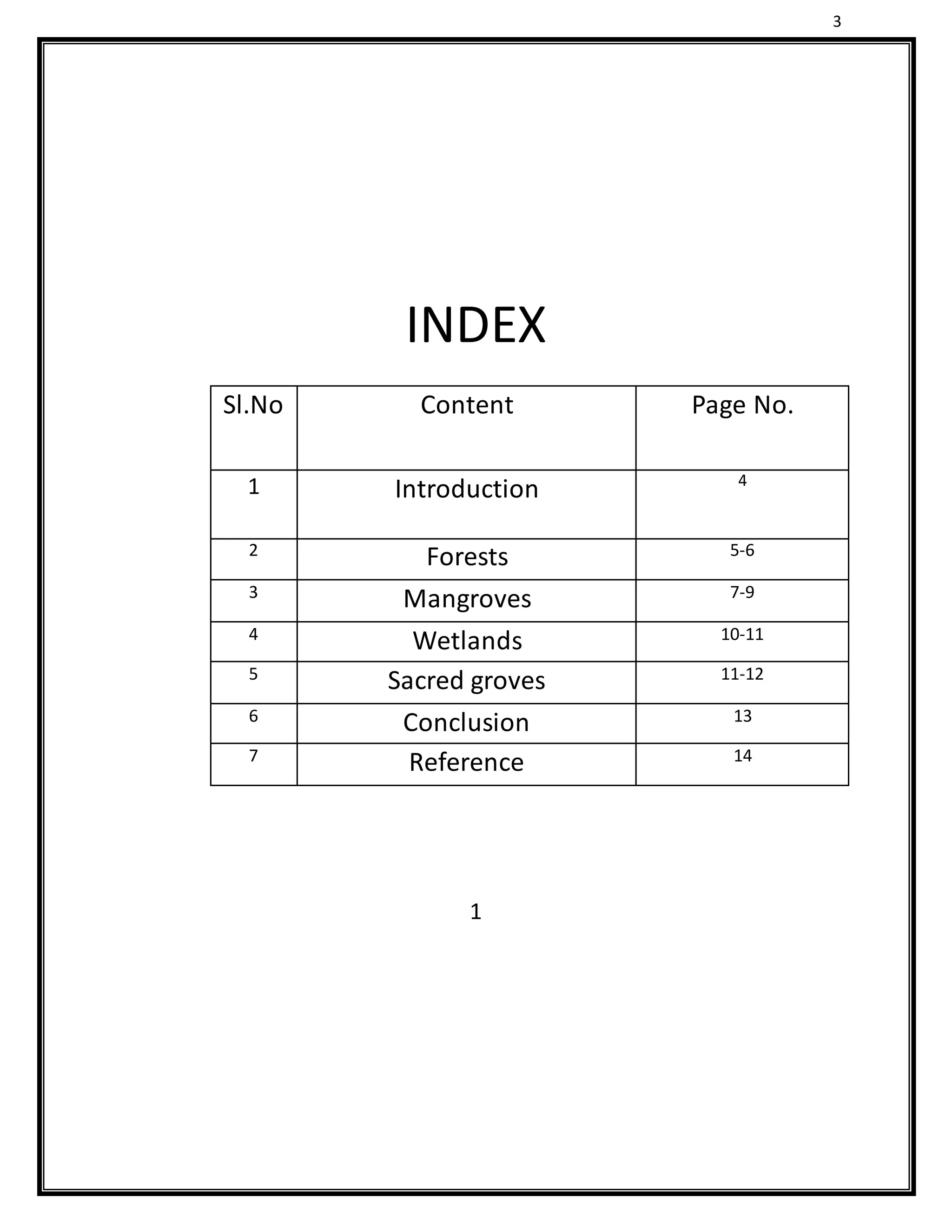3
INDEX
1
Sl.No Content Page No.
1 Introduction 4
2
Forests 5-6
3
Mangroves 7-9
4
Wetlands 10-11
5
Sacred groves 11-12
6
Conclusion 13
7
Reference 14
 