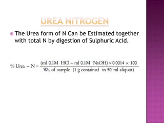  The Urea form of N Can be Estimated together
with total N by digestion of Sulphuric Acid.