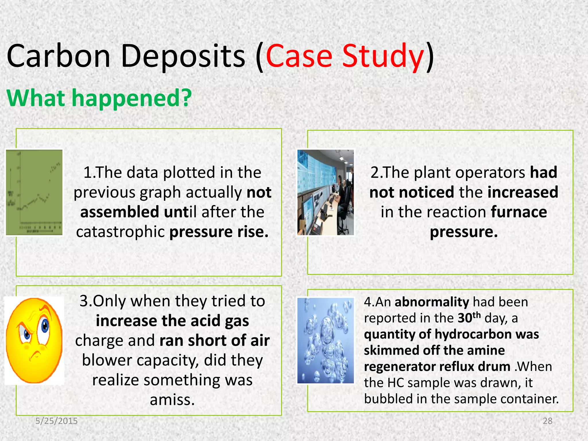 5/25/2015 28
Carbon Deposits (Case Study)
What happened?
1.The data plotted in the
previous graph actually not
assembled until after the
catastrophic pressure rise.
2.The plant operators had
not noticed the increased
in the reaction furnace
pressure.
3.Only when they tried to
increase the acid gas
charge and ran short of air
blower capacity, did they
realize something was
amiss.
4.An abnormality had been
reported in the 30th day, a
quantity of hydrocarbon was
skimmed off the amine
regenerator reflux drum .When
the HC sample was drawn, it
bubbled in the sample container.
 
