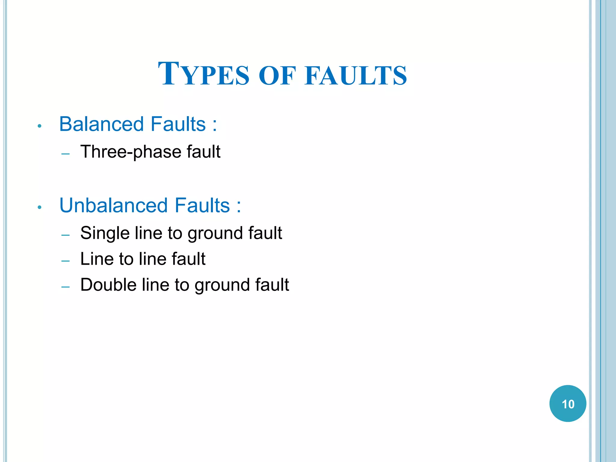 TYPES OF FAULTS
• Balanced Faults :
– Three-phase fault
• Unbalanced Faults :
– Single line to ground fault
– Line to line fault
– Double line to ground fault
10
 