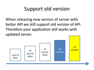 Support old version
When releasing new version of server with
better API we still support old version of API.
Therefore your application still works with
updated server.
V6
(out of
date)
V7
(out of
date)
V8
(works)
V9
(works)
…
(out of
date)
 