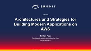 © 2018, Amazon Web Services, Inc. or its affiliates. All rights reserved.
Nathan Peck
Developer Advocate, Container Services
@nathankpeck
SRV205
Architectures and Strategies for
Building Modern Applications on
AWS
 