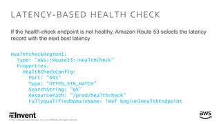 © 2017, Amazon Web Services, Inc. or its Affiliates. All rights reserved.
HealthcheckRegion1:
Type: "AWS::Route53::HealthC...