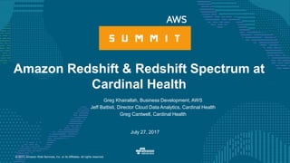 © 2017, Amazon Web Services, Inc. or its Affiliates. All rights reserved.
Greg Khairallah, Business Development, AWS
Jeff Battisti, Director Cloud Data Analytics, Cardinal Health
Greg Cantwell, Cardinal Health
July 27, 2017
Amazon Redshift & Redshift Spectrum at
Cardinal Health
 