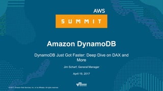 © 2017, Amazon Web Services, Inc. or its Affiliates. All rights reserved.
Jim Scharf, General Manager
April 19, 2017
Amazon DynamoDB
DynamoDB Just Got Faster: Deep Dive on DAX and
More
 