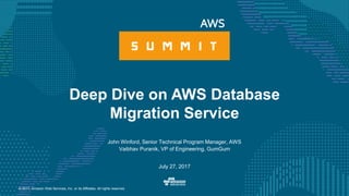 © 2017, Amazon Web Services, Inc. or its Affiliates. All rights reserved.
John Winford, Senior Technical Program Manager, AWS
Vaibhav Puranik, VP of Engineering, GumGum
July 27, 2017
Deep Dive on AWS Database
Migration Service
 