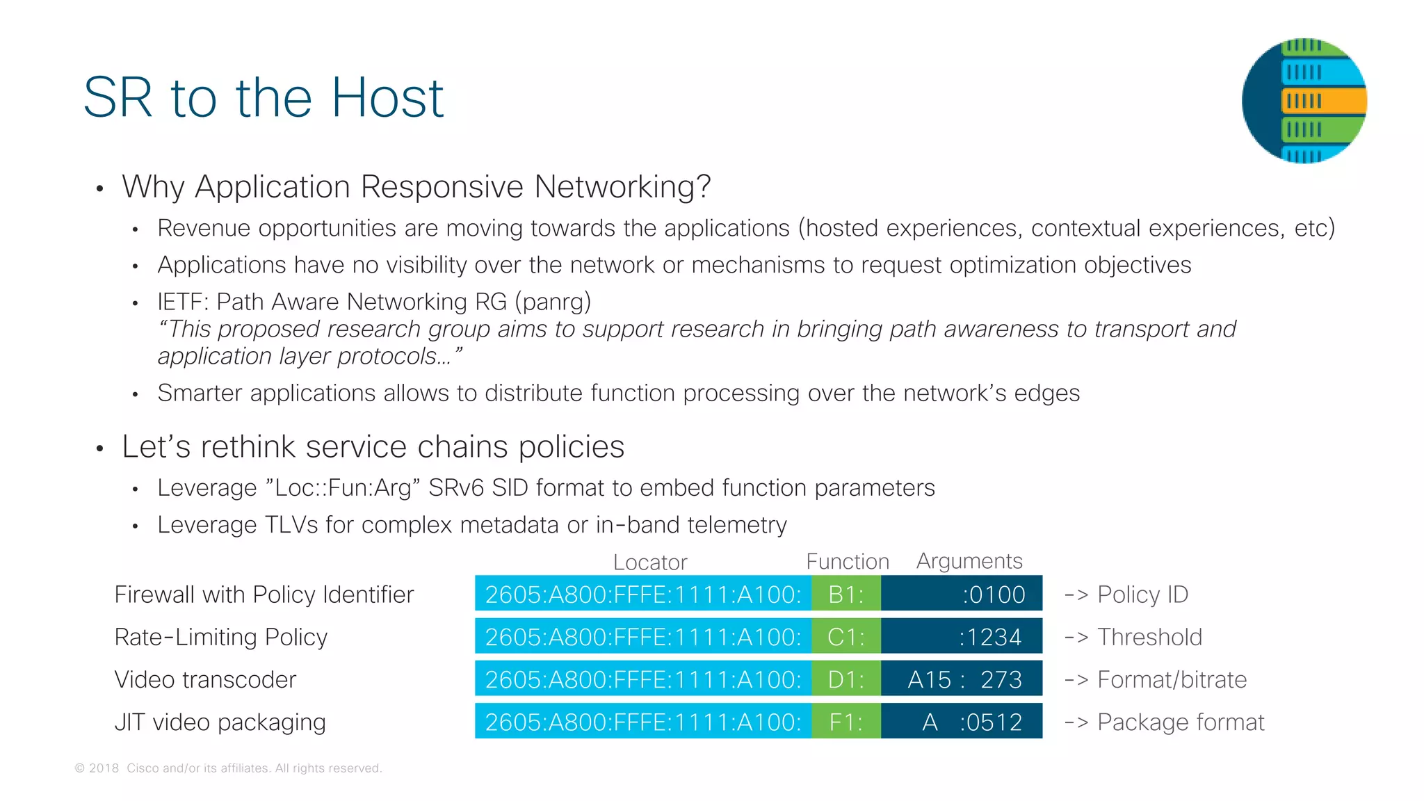 © 2018 Cisco and/or its affiliates. All rights reserved.
• Why Application Responsive Networking?
• Revenue opportunities are moving towards the applications (hosted experiences, contextual experiences, etc)
• Applications have no visibility over the network or mechanisms to request optimization objectives
• IETF: Path Aware Networking RG (panrg)
“This proposed research group aims to support research in bringing path awareness to transport and
application layer protocols…”
• Smarter applications allows to distribute function processing over the network’s edges
• Let’s rethink service chains policies
• Leverage ”Loc::Fun:Arg” SRv6 SID format to embed function parameters
• Leverage TLVs for complex metadata or in-band telemetry
SR to the Host
B1:2605:A800:FFFE:1111:A100: :0100Firewall with Policy Identifier -> Policy ID
C1:2605:A800:FFFE:1111:A100: :1234Rate-Limiting Policy -> Threshold
D1:2605:A800:FFFE:1111:A100: A15 : 273Video transcoder -> Format/bitrate
F1:2605:A800:FFFE:1111:A100: A :0512JIT video packaging -> Package format
Locator Function Arguments
 