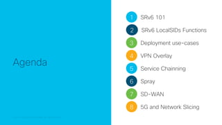 © 2018 Cisco and/or its affiliates. All rights reserved.
© 2018 Cisco and/or its affiliates. All rights reserved.
Agenda
1 SRv6 101
2 SRv6 LocalSIDs Functions
3 Deployment use-cases
4 VPN Overlay
5 Service Chainning
7 SD-WAN
6 Spray
8 5G and Network Slicing
 
