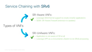© 2018 Cisco and/or its affiliates. All rights reserved.
SR-UnAware VNFs:
• Application is not aware of SR at all
• Leverage VPP as a vm/container vSwitch to do SRv6 processing
Service Chaining with SRv6
SR-Aware VNFs:
• Leverage SRv6 Kernel support to create smarter applications
• SERA: SR-Aware Firewall (extension to iptables)
Types of VNFs
 