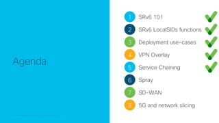 © 2018 Cisco and/or its affiliates. All rights reserved.
© 2018 Cisco and/or its affiliates. All rights reserved.
Agenda
1 SRv6 101
2 SRv6 LocalSIDs functions
3 Deployment use-cases
4 VPN Overlay
5 Service Chaining
7 SD-WAN
6 Spray
8 5G and network slicing
 