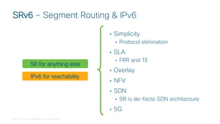 © 2018 Cisco and/or its affiliates. All rights reserved.
• Simplicity
• Protocol elimination
• SLA
• FRR and TE
• Overlay
• NFV
• SDN
• SR is de-facto SDN architecture
• 5G
SRv6 – Segment Routing & IPv6
IPv6 for reachability
SR for anything else
 
