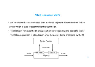 SRv6 unaware VNFs
• An SR-unaware SF is associated with a service segment instantiated on the SR
proxy, which is used to steer traffic through the SF.
• The SR Proxy removes the SR encapsulation before sending the packet to the SF
• The SR encapsulation is added again after the packet being processed by the SF
22
Service Function
SR proxy
IFACE-OUT IFACE-IN
SR traﬃc SR traﬃc
Non-SR traﬃc
 