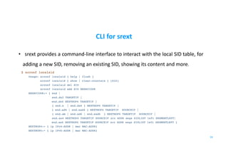 CLI for srext
• srext provides a command-line interface to interact with the local SID table, for
adding a new SID, removing an existing SID, showing its content and more.
$ srconf localsid
Usage: srconf localsid { help | flush }
srconf localsid { show | clear-counters } [SID]
srconf localsid del SID
srconf localsid add SID BEHAVIOUR
BEHAVIOUR:= { end |
end.dx2 TARGETIF |
end.dx4 NEXTHOP4 TARGETIF |
{ end.x | end.dx6 } NEXTHOP6 TARGETIF |
{ end.ad4 | end.ead4 } NEXTHOP4 TARGETIF SOURCEIF |
{ end.am | end.ad6 | end.ead6 } NEXTHOP6 TARGETIF SOURCEIF |
end.as4 NEXTHOP4 TARGETIF SOURCEIF src ADDR segs SIDLIST left SEGMENTLEFT|
end.as6 NEXTHOP6 TARGETIF SOURCEIF src ADDR segs SIDLIST left SEGMENTLEFT }
NEXTHOP4:= { ip IPv4-ADDR | mac MAC-ADDR}
NEXTHOP6:= { ip IPv6-ADDR | mac MAC-ADDR}
28
 