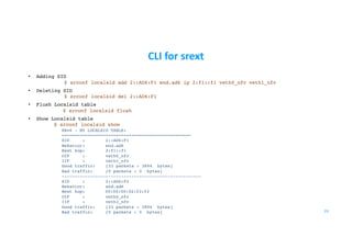 CLI for srext
29
• Adding SID
$ srconf localsid add 2::AD6:F1 end.ad6 ip 2:f1::f1 veth0_nfv veth1_nfv
• Deleting SID
$ srconf localsid del 2::AD6:F1
• Flush Localsid table
$ srconf localsid flush
• Show Localsid table
$ srconf localsid show
SRv6 - MY LOCALSID TABLE:
==================================================
SID : 2::AD6:F1
Behavior: end.ad6
Next hop: 2:f1::f1
OIF : veth0_nfv
IIF : veth1_nfv
Good traffic: [33 packets : 3894 bytes]
Bad traffic: [0 packets : 0 bytes]
------------------------------------------------------
SID : 2::AD6:F2
Behavior: end.ad6
Next hop: 00:00:00:02:f3:f3
OIF : veth2_nfv
IIF : veth3_nfv
Good traffic: [33 packets : 3894 bytes]
Bad traffic: [0 packets : 0 bytes]
 
