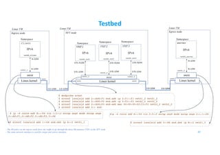NFV node
srext
srext
Linux kernel
Ingress node
Egress node
Linux VM Linux VM Linux VM
Linux kernel
1:2::1/64
VNF2
Namespace
srext
Linux kernel
Namespace
IPv6
IPv6
VNF1
Namespace
IPv6
Testbed
server
1:2::2/64 2:3::2/64 2:3::3/64
$ ip -6 route add B::/64 via 1:2::2 encap seg6 mode encap segs
2::AD:F1,2::AE:F2,2::AD:F3,3::D6
$ modprobe srext
$ srconf localsid add 2::AD6:F1 end.ad6 ip 2:f1::f1 veth1_2 veth1_2
$ srconf localsid add 2::AD6:F2 end.ad6 ip 2:f2::f2 veth2_2 veth2_2
$ srconf localsid add 2::AD6:F3 end.ad6 mac 00:00:00:02:f3:f3 veth3_2 veth3_2
$ srconf localsid add 2:: end
$ip -6 route add A::/64 via 2:3::2 encap seg6 mode encap segs 2::,1::D6
62
Client
Namespace
IPv6
- The SR policy on the ingress node force the traffic to go through the three SR-unaware VNFs in the NFV node
- The same network interface is used for target and source interface
VNF3
Namespace
B::1/64
B::2/64
veth0_server
veth1_3
veth0_client
veth1_1
A::1/64
A::2/64
eth1
eth1
2:f3::f3/64
veth3_2
2:f3::2/64
IPv6
2:f2::f2/64
veth2_2
2:f2::2/64
veth0_vnf3veth0_vnf2veth0_vnf1
2:f1::f1/64
veth1_2
2:f1::2/64
eth2
eth2
$ srconf localsid add 1::D6 end.dx6 ip A::2 veth1_1 $ srconf localsid add 3::D6 end.dx6 ip B::2 veth1_3
 