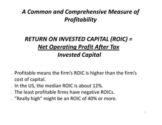 A Common and Comprehensive Measure of
Profitability
3
RETURN ON INVESTED CAPITAL (ROIC) =
Net Operating Profit After Tax
I...