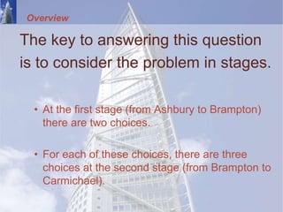 Overview
The key to answering this question
is to consider the problem in stages.
• At the first stage (from Ashbury to Brampton)
there are two choices.
• For each of these choices, there are three
choices at the second stage (from Brampton to
Carmichael).
 