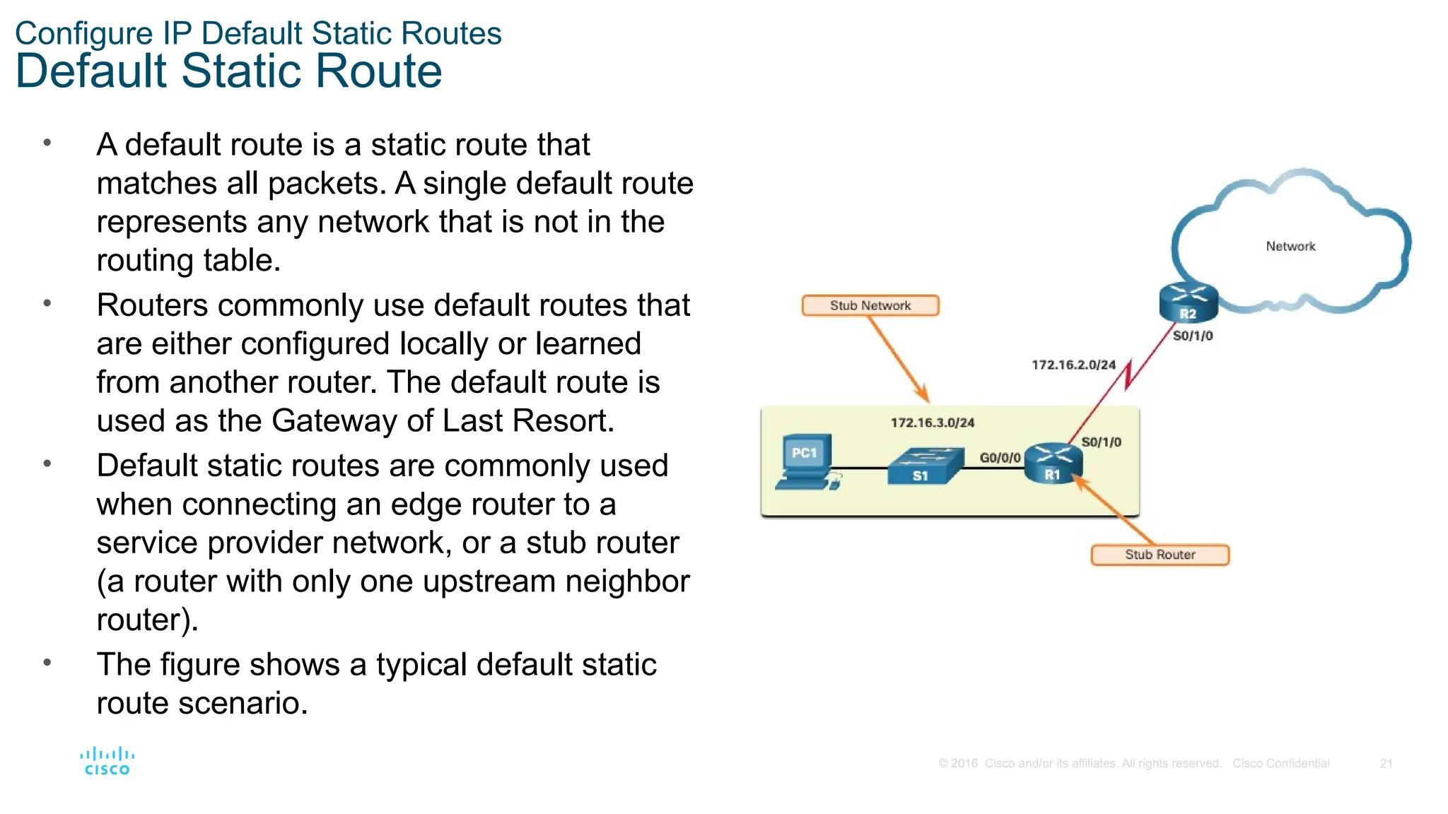 21
© 2016 Cisco and/or its affiliates. All rights reserved. Cisco Confidential
Configure IP Default Static Routes
Default Static Route
• A default route is a static route that
matches all packets. A single default route
represents any network that is not in the
routing table.
• Routers commonly use default routes that
are either configured locally or learned
from another router. The default route is
used as the Gateway of Last Resort.
• Default static routes are commonly used
when connecting an edge router to a
service provider network, or a stub router
(a router with only one upstream neighbor
router).
• The figure shows a typical default static
route scenario.
 