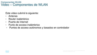 12
© 2016 Cisco y/o sus filiales. Todos los derechos reservados.
Información confidencial de Cisco.
Componentes WLAN
Video – Componentes de WLAN
Este video cubrirá lo siguiente:
• Antenas
• Router inalámbrico
• Puerto de Internet
• Punto de acceso inalámbrico
• Puntos de acceso autónomos y basados en controlador
 