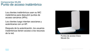 15
© 2016 Cisco y/o sus filiales. Todos los derechos reservados.
Información confidencial de Cisco.
Componentes WLAN
Punto de acceso inalámbrico
Los clientes inalámbricos usan su NIC
inalámbrica para descubrir puntos de
acceso cercanos (APs).
Los clientes luego intentan asociarse y
autenticarse con un AP.
Después de la autenticación, los usuarios
inalámbricos tienen acceso a los recursos
de la red.
Puntos de acceso Cisco
Meraki Go
 