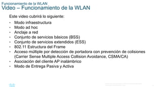 19
© 2016 Cisco y/o sus filiales. Todos los derechos reservados.
Información confidencial de Cisco.
Funcionamiento de la WLAN
Video – Funcionamiento de la WLAN
Este video cubrirá lo siguiente:
• Modo infraestructura
• Modo ad hoc
• Anclaje a red
• Conjunto de servicios básicos (BSS)
• Conjunto de servicios extendidos (ESS)
• 802.11 Estructura del Frame
• Acceso múltiple por detección de portadora con prevención de colisiones
(Carrier Sense Multiple Access Collision Avoidance, CSMA/CA)
• Asociación del cliente AP inalámbrico
• Modo de Entrega Pasiva y Activa
 