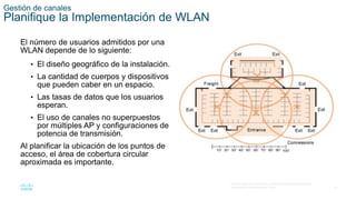 37
© 2016 Cisco y/o sus filiales. Todos los derechos reservados.
Información confidencial de Cisco.
Gestión de canales
Planifique la Implementación de WLAN
El número de usuarios admitidos por una
WLAN depende de lo siguiente:
• El diseño geográfico de la instalación.
• La cantidad de cuerpos y dispositivos
que pueden caber en un espacio.
• Las tasas de datos que los usuarios
esperan.
• El uso de canales no superpuestos
por múltiples AP y configuraciones de
potencia de transmisión.
Al planificar la ubicación de los puntos de
acceso, el área de cobertura circular
aproximada es importante.
 