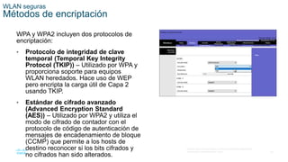 50
© 2016 Cisco y/o sus filiales. Todos los derechos reservados.
Información confidencial de Cisco.
WLAN seguras
Métodos de encriptación
WPA y WPA2 incluyen dos protocolos de
encriptación:
• Protocolo de integridad de clave
temporal (Temporal Key Integrity
Protocol (TKIP)) – Utilizado por WPA y
proporciona soporte para equipos
WLAN heredados. Hace uso de WEP
pero encripta la carga útil de Capa 2
usando TKIP.
• Estándar de cifrado avanzado
(Advanced Encryption Standard
(AES)) – Utilizado por WPA2 y utiliza el
modo de cifrado de contador con el
protocolo de código de autenticación de
mensajes de encadenamiento de bloque
(CCMP) que permite a los hosts de
destino reconocer si los bits cifrados y
no cifrados han sido alterados.
 
