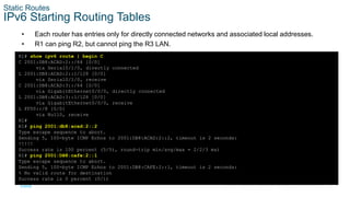 10
© 2016 Cisco and/or its affiliates. All rights reserved. Cisco Confidential
Static Routes
IPv6 Starting Routing Tables
• Each router has entries only for directly connected networks and associated local addresses.
• R1 can ping R2, but cannot ping the R3 LAN.
R1# show ipv6 route | begin C
C 2001:DB8:ACAD:2::/64 [0/0]
via Serial0/1/0, directly connected
L 2001:DB8:ACAD:2::1/128 [0/0]
via Serial0/1/0, receive
C 2001:DB8:ACAD:3::/64 [0/0]
via GigabitEthernet0/0/0, directly connected
L 2001:DB8:ACAD:3::1/128 [0/0]
via GigabitEthernet0/0/0, receive
L FF00::/8 [0/0]
via Null0, receive
R1#
R1# ping 2001:db8:acad:2::2
Type escape sequence to abort.
Sending 5, 100-byte ICMP Echos to 2001:DB8:ACAD:2::2, timeout is 2 seconds:
!!!!!
Success rate is 100 percent (5/5), round-trip min/avg/max = 2/2/3 ms)
R1# ping 2001:DB8:cafe:2::1
Type escape sequence to abort.
Sending 5, 100-byte ICMP Echos to 2001:DB8:CAFE:2::1, timeout is 2 seconds:
% No valid route for destination
Success rate is 0 percent (0/1)
 