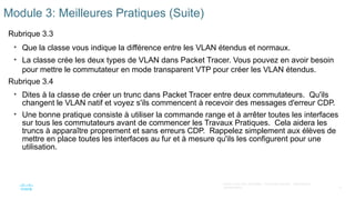 11
©2021 Cisco et/ou ses filiales. Tous droits réservés. Informations
confidentielles
Module 3: Meilleures Pratiques (Suite)
Rubrique 3.3
• Que la classe vous indique la différence entre les VLAN étendus et normaux.
• La classe crée les deux types de VLAN dans Packet Tracer. Vous pouvez en avoir besoin
pour mettre le commutateur en mode transparent VTP pour créer les VLAN étendus.
Rubrique 3.4
• Dites à la classe de créer un trunc dans Packet Tracer entre deux commutateurs. Qu'ils
changent le VLAN natif et voyez s'ils commencent à recevoir des messages d'erreur CDP.
• Une bonne pratique consiste à utiliser la commande range et à arrêter toutes les interfaces
sur tous les commutateurs avant de commencer les Travaux Pratiques. Cela aidera les
truncs à apparaître proprement et sans erreurs CDP. Rappelez simplement aux élèves de
mettre en place toutes les interfaces au fur et à mesure qu'ils les configurent pour une
utilisation.
 