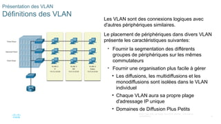 16
©2021 Cisco et/ou ses filiales. Tous droits réservés. Informations
confidentielles
Présentation des VLAN
Définitions des VLAN
Les VLAN sont des connexions logiques avec
d'autres périphériques similaires.
Le placement de périphériques dans divers VLAN
présente les caractéristiques suivantes:
• Fournir la segmentation des différents
groupes de périphériques sur les mêmes
commutateurs
• Fournir une organisation plus facile à gérer
• Les diffusions, les multidiffusions et les
monodiffusions sont isolées dans le VLAN
individuel
• Chaque VLAN aura sa propre plage
d'adressage IP unique
• Domaines de Diffusion Plus Petits
 