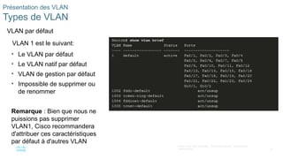 18
©2021 Cisco et/ou ses filiales. Tous droits réservés. Informations
confidentielles
Présentation des VLAN
Types de VLAN
VLAN par défaut
VLAN 1 est le suivant:
• Le VLAN par défaut
• Le VLAN natif par défaut
• VLAN de gestion par défaut
• Impossible de supprimer ou
de renommer
Remarque : Bien que nous ne
puissions pas supprimer
VLAN1, Cisco recommandera
d'attribuer ces caractéristiques
par défaut à d'autres VLAN
 