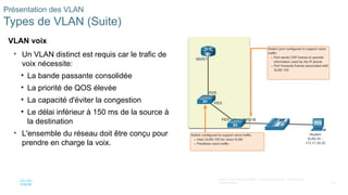 20
©2021 Cisco et/ou ses filiales. Tous droits réservés. Informations
confidentielles
Présentation des VLAN
Types de VLAN (Suite)
VLAN voix
• Un VLAN distinct est requis car le trafic de
voix nécessite:
• La bande passante consolidée
• La priorité de QOS élevée
• La capacité d'éviter la congestion
• Le délai inférieur à 150 ms de la source à
la destination
• L'ensemble du réseau doit être conçu pour
prendre en charge la voix.
 