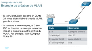 34
©2021 Cisco et/ou ses filiales. Tous droits réservés. Informations
confidentielles
Configuration de VLAN
Exemple de création de VLAN
• Si le PC d'étudiant doit être en VLAN
20, nous allons d'abord créer le VLAN,
puis le nommer.
• Si vous ne le nommez pas, le Cisco
IOS lui donnera un nom par défaut de
vlan et le numéro à quatre chiffres du
VLAN. Par exemple, vlan 0020 pour
VLAN 20.
Invite Commande
S1# Configure terminal
S1(config)# vlan 20
S1(config-vlan)# name student
S1(config-vlan)# end
 